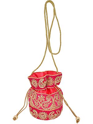 Drawstring Potli Bag with Golden-Embroidery and Sequins