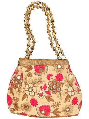 Cream Floral Embroidered Bracelet Bag with Mirrors and Beaded Handles