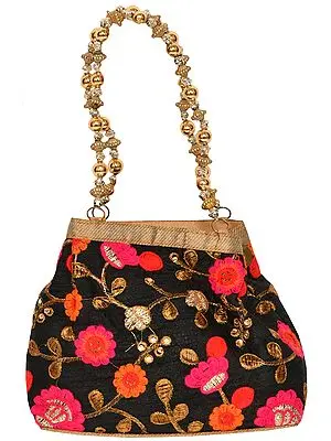 Caviar-Black Bracelet Bag with Embroidered Flowers and Beaded Handles