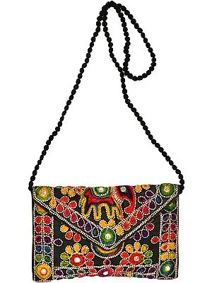 Black Embroidered Clutch Bag with Mirrors and Elephant Figure