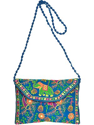 Clutch Bag with Embroidered Elephants and Mirrors