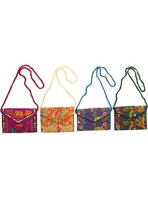 Lot of Four Clutch Bag with Embroidered Paisleys and Mirrors