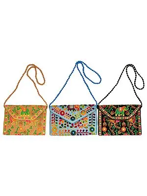 Lot of Three Elephant Clutch Bag with Floral-Embroidery and Mirrors