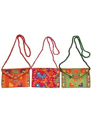 Lot of Three Embroidered Clutch Bag with Mirrors