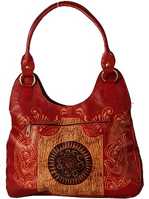 Mineral-Red Shantiniketan Bag from Kolkata with Hand-Painted Florals