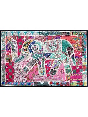 Caviar-Black Hand-Crafted Embroidered Patchwork Elephant Wall Hanging from Gujarat with Sequins