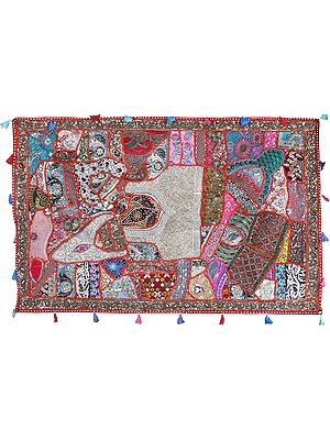 Bittersweet-Red Wall Hanging from Kutch with Heavy Embellished Pearled Patch and All-Over Crystals