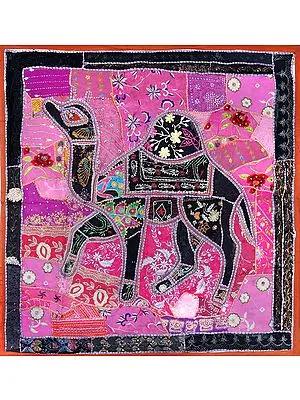 Burnt-Orange Hand-Crafted Embroidered Patchwork Camel Wall Hanging from Gujarat with Sequins