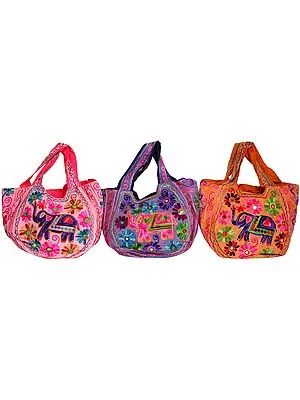 Lot of Three Shopper Bags from Gujarat with Aari Embroidery and Mirrors