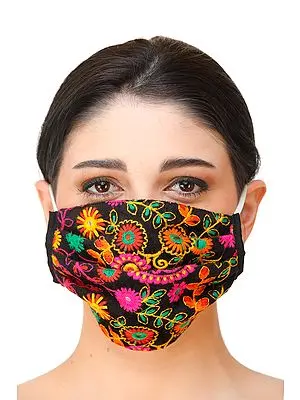 Jet-Black Two-Ply Embroidered Fashion Mask with Cotton-Backing and Ear Loops