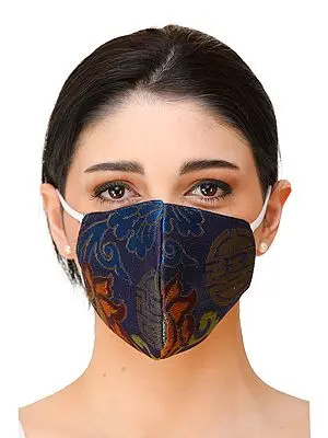 True-Blue Brocaded Two ply Fashion Mask from Banaras with Woven Flowers and Cotton-Backing