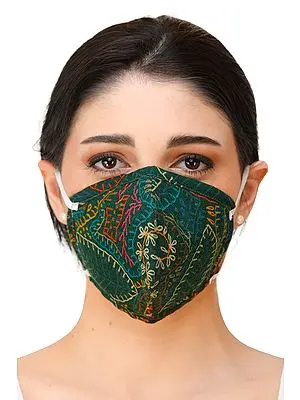 Dark Green Two ply Fashion Mask with Printed Flowers and Cotton-Backing