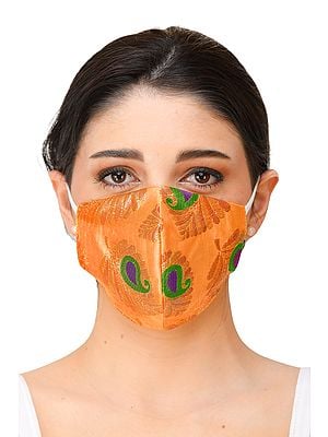 Brocaded Two-ply Fashion Mask from Banaras with Woven Flowers and Cotton-Backing