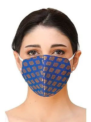 Blue Brocade Two Ply Fashion Mask from Banaras with Woven Flowers and Cotton-Backing
