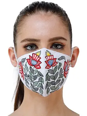 Two Ply Cotton Fashion Mask with Hand-Painted Madhubani Motifs (Two Flowers)