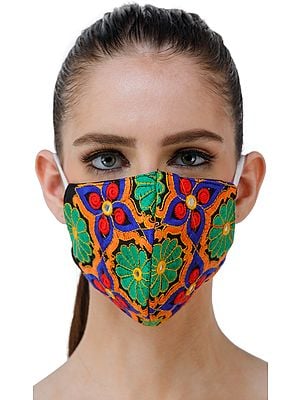 Multi-Colored Two Ply Fashion Mask from Jaipur with Aari-Embroidered Flowers and Mirrors