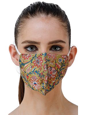 Pure Silk Two Ply Fashion Mask with Multi-Color Floral Print on an Olive Base