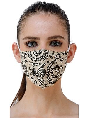 Beige Two Ply Cotton Fashion Mask with Block-Printed Warli Chakra of Life