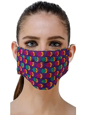 Dazzling-Blue Katan Fabric Two Ply Fashion Mask from Banaras with Woven Flowers