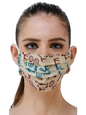Beige Two Ply Fashion Mask from Jharkhand with Block Printed Wild-Life Figures