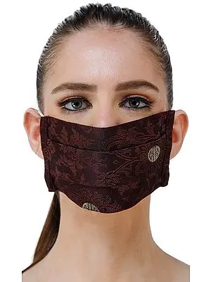Chocolate-Truffle Two Ply Fashion Mask from Banaras with Self Weave and Chinese Good Luck Symbols