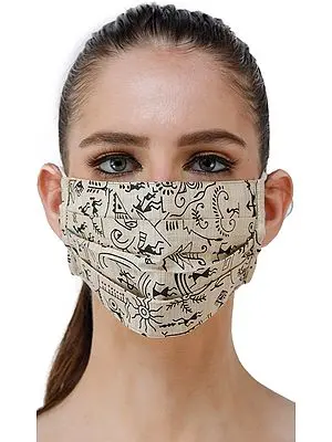 Almond-Oil Two Ply Fashion Mask from Jharkhand with Printed Warli Folk Motifs