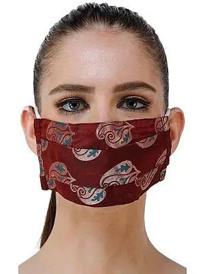 Maroon Katan Handloom Fabric Two Ply Fashion Mask from Banaras with Paisleys Woven in Circular Bootis