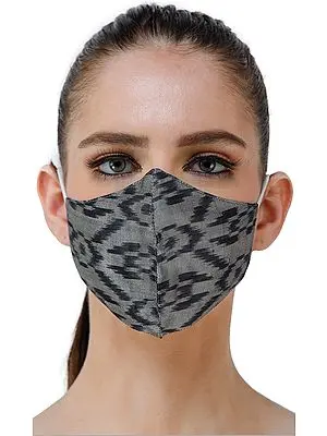 Gray and Black Handloom Silk Two Ply Fashion Mask with Ikat Weave from Pochampally