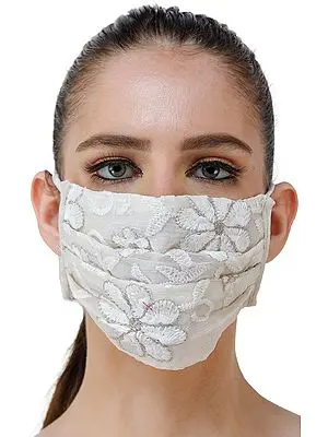 Ivory Two Ply Fashion Mask from Surat with Metallic Thread Embroidered Flowers