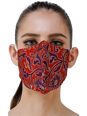 Flame Scarlet Katan Fabric Two Ply Fashion Mask from Banaras with Woven Flowers in Blue and Gold