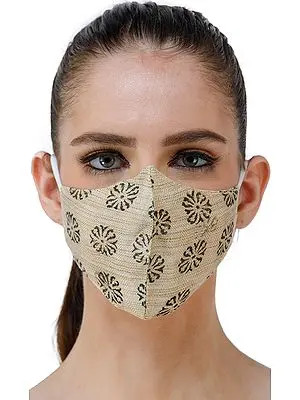 Dusty-Yellow Two-Ply Fashion Mask from Jharkhand with Block Printed Small Flowers