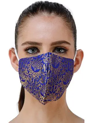 Blue Brocade Two Ply Fashion Mask from Banaras with Woven Motifs and Zari Weave