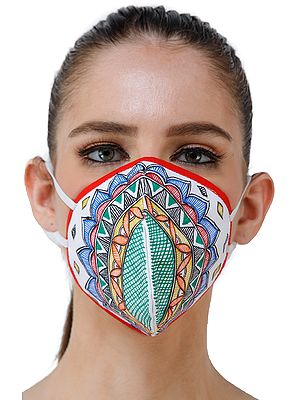 Three Ply Cotton Fashion Mask with Hand-Painted Madhubani Motifs (Lotus-Petals)