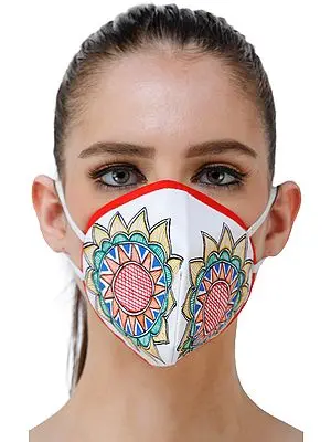 Three Ply Cotton Fashion Mask with Hand-Painted Madhubani Motifs (Big-Flowers)