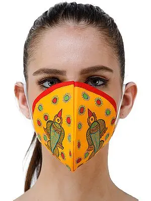 Three Ply Cotton Fashion Mask with Hand-Painted Madhubani Motifs (Flying-Bird)