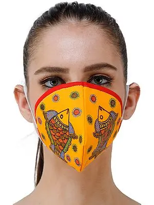 Three Ply Cotton Fashion Mask with Hand-Painted Madhubani Motifs (Big-Fishes)