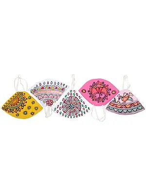 Lot of Five, Two Ply Cotton Fashion Mask with Hand-Painted Madhubani Motifs (Multi-color)