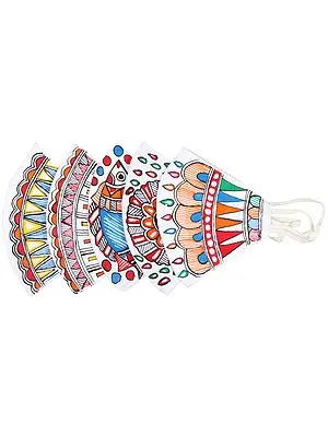 Lot of Five, Two Ply Cotton Fashion Mask with Hand-Painted Madhubani Motifs (Flowers and Fish)