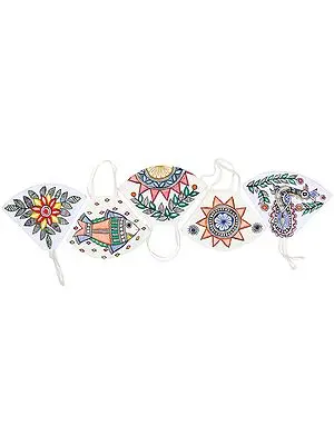 Lot of Five, Two Ply Cotton Fashion Mask with Hand-Painted Madhubani Motifs (Mandala, Flowers, Birds)