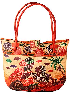 Pure Leather Shoulder Bag from Shantiniketan Kolkata, Hand-Carved and Hand-Painted with Non-Toxic Vegetable Dyes