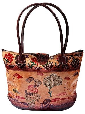 Pure Leather Shoulder Bag from Shantiniketan Kolkata, Hand-Carved and Hand-Painted with Non-Toxic Vegetable Dyes