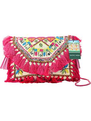 Papyrus-White Sustainable Jute Sling/Shoulder/Cross-Body Boho Chic Bag with Pink Banjara Tassels, Wooden and Multicolored Beads