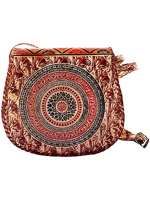 Original Leather Cross-body/Sling/Messenger Bag from Shantiniketan Kolkata, Hand-Carved and Hand-Painted with Non-Toxic Vegetable Dyes