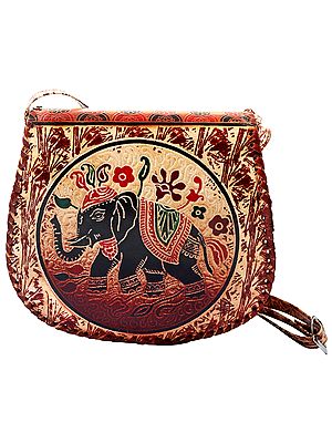Original Leather Cross-body/Sling/Messenger Bag from Shantiniketan Kolkata, Hand-Carved and Hand-Painted with Non-Toxic Vegetable Dyes