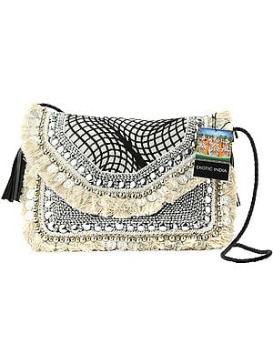 Black and White Sling/Shoulder/Cross-Body Gypsy Woven Bag with Cotton Banjara Tassels, Beads and Coins