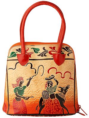 Pure Leather Boho Hand-Bag from Shantiniketan Kolkata, Hand-Carved and Hand-Painted with Non-Toxic Vegetable Dyes