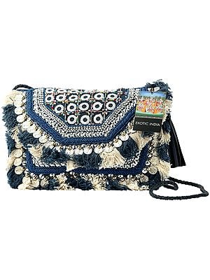 Denim-Blue Sustainable Jute Sling/Shoulder/Cross-Body Bohemian Embelished Woven Bag with Cotton Banjara Tassels, Multicolored Beads and Coins