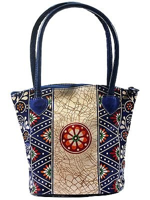 Pure Leather Batik Design Tote Hand-Bag from Shantiniketan Kolkata, Hand-Carved and Hand-Painted with Non-Toxic Vegetable Dyes
