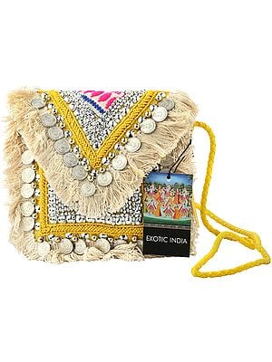 Lemon-Yellow Eco-Jute Sling/Shoulder/Cross-Body Gypsy Chic Bag with Cotton Banjara Tassels, Yellow Beads and Silver Coins