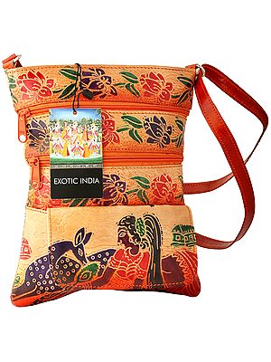Rust-Orange Pure Leather Boho Cross-body/Sling/Messenger Bag from Shantiniketan Kolkata, Hand-Carved and Hand-Painted with Non-Toxic Vegetable Dyes